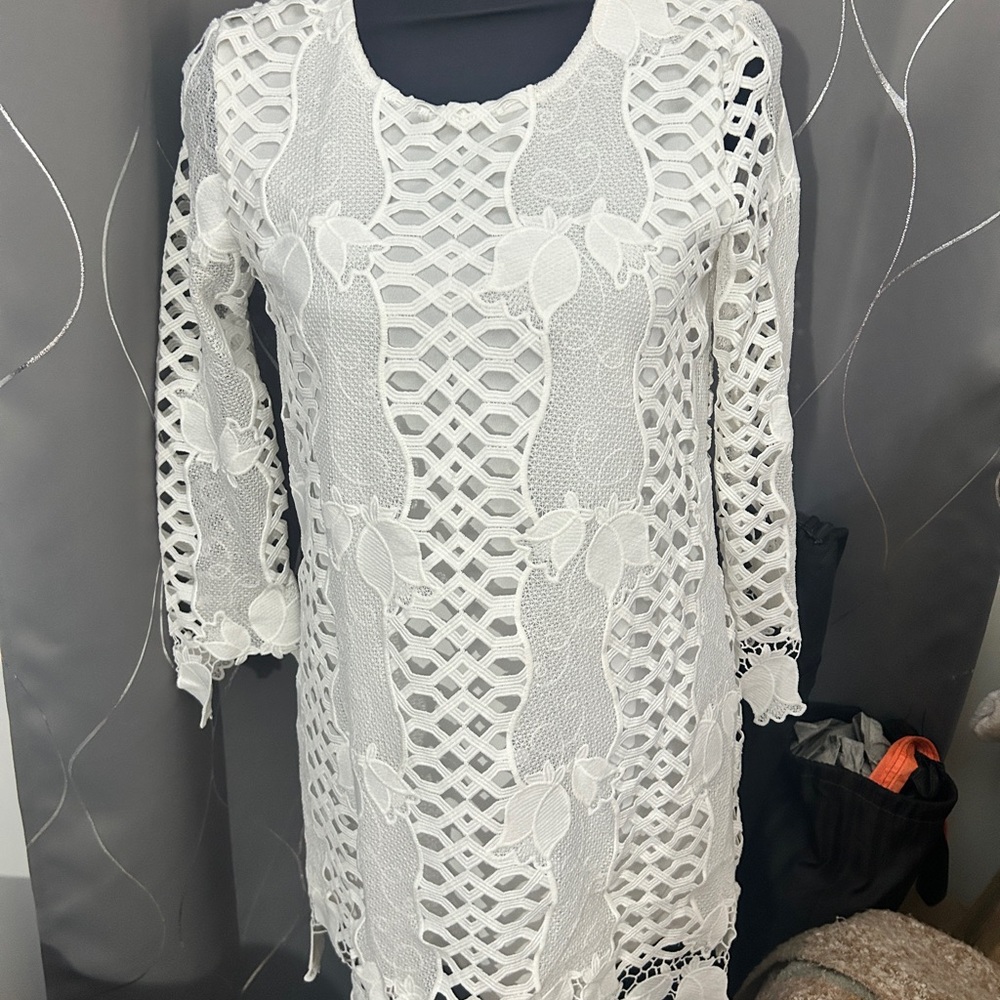 Chic White Crochet Long Sleeve Dress
